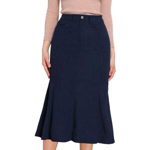 Corduroy Fall High Waist Work Casual Midi Bodycon Fishtail Skirts Dark Blue